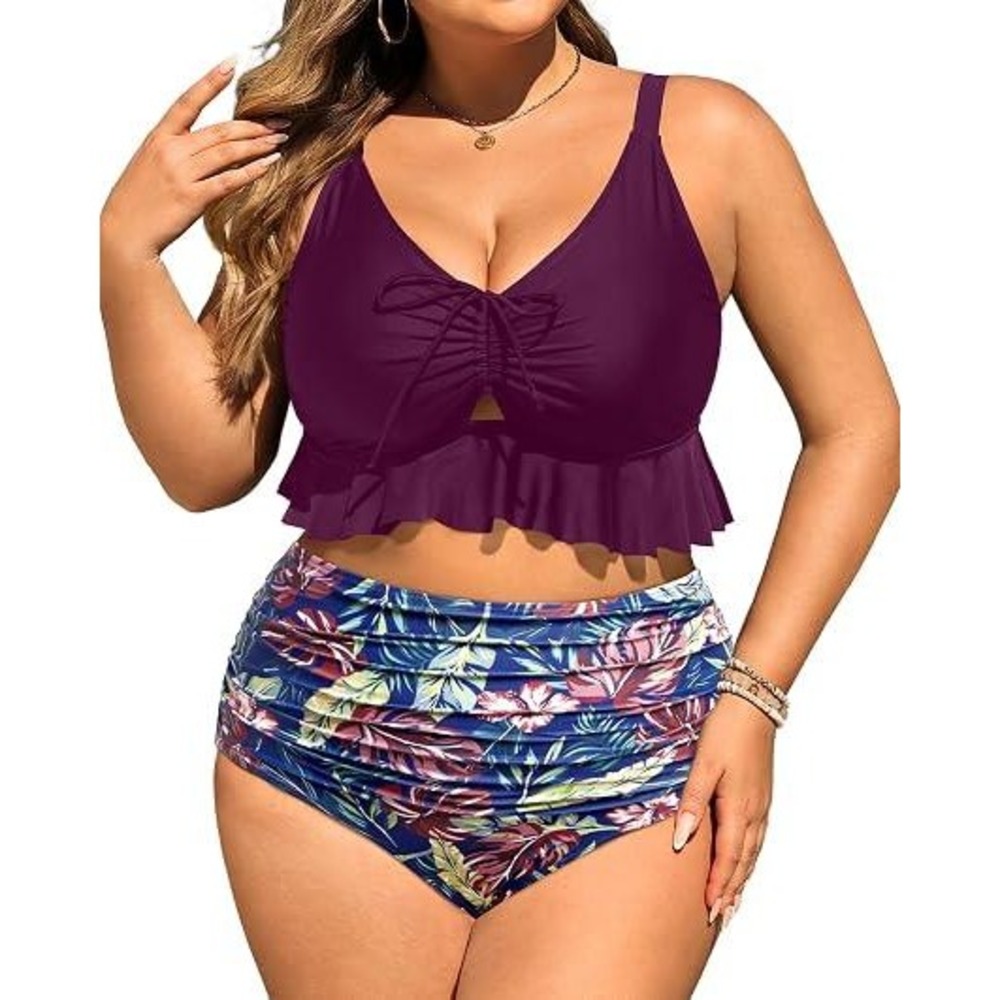 Daci Purple Ruffle Top High Waisted Floral Bikini Set Tummy Control 18W NEW